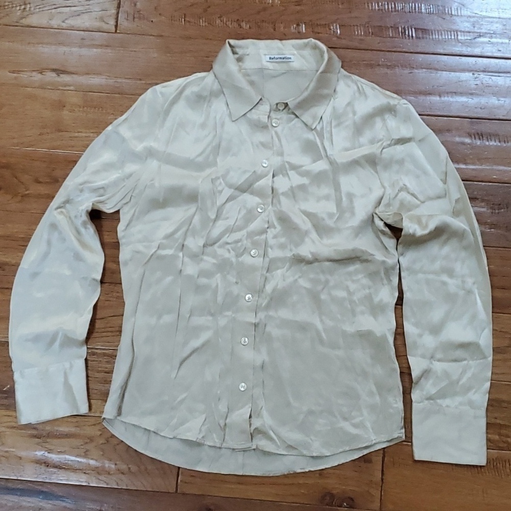 Reformation Sky silk button down shirt
